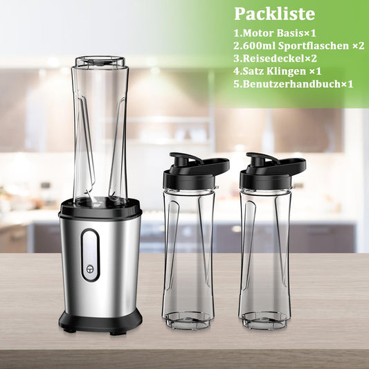 Mini Standmixer 500W Smoothie Maker 2x600ml, Silber