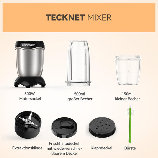 TECKNET Smoothie Maker 600W, 500ml Becher
